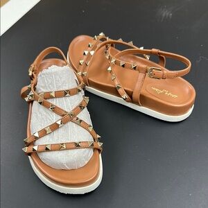 Leather tan Studded Sandals with White Soles